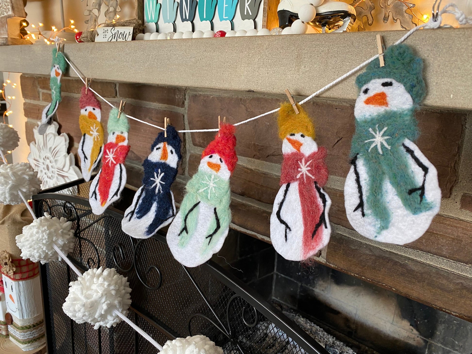 Snowmen Felted Banner Garland Bunting Wall Hanging Decoration for Winter or January