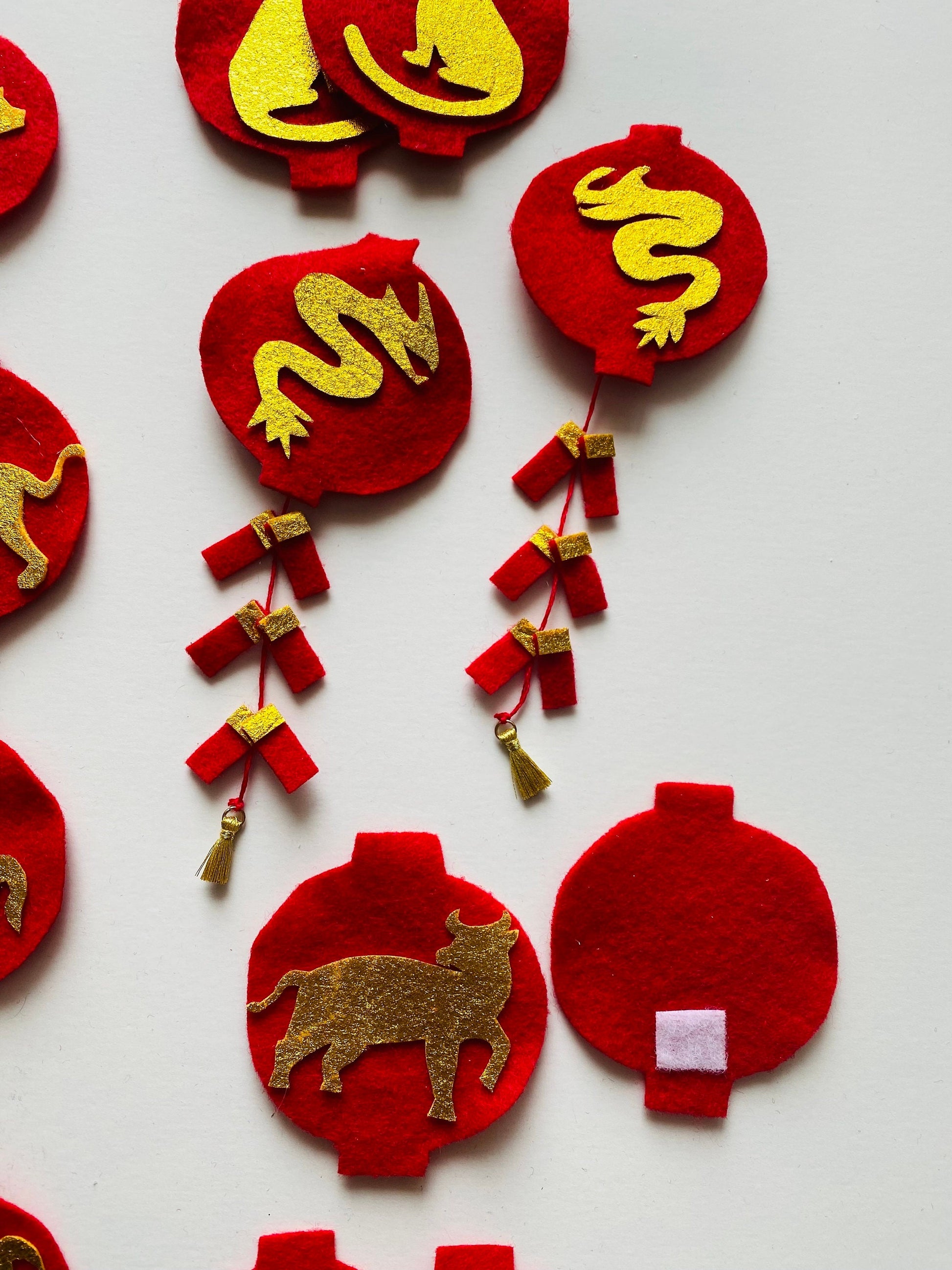 Lunar New Year Miniature Felt Clothesline Banner Chinese Bunting Wall Hanging Decoration with Interchangable Pieces Option