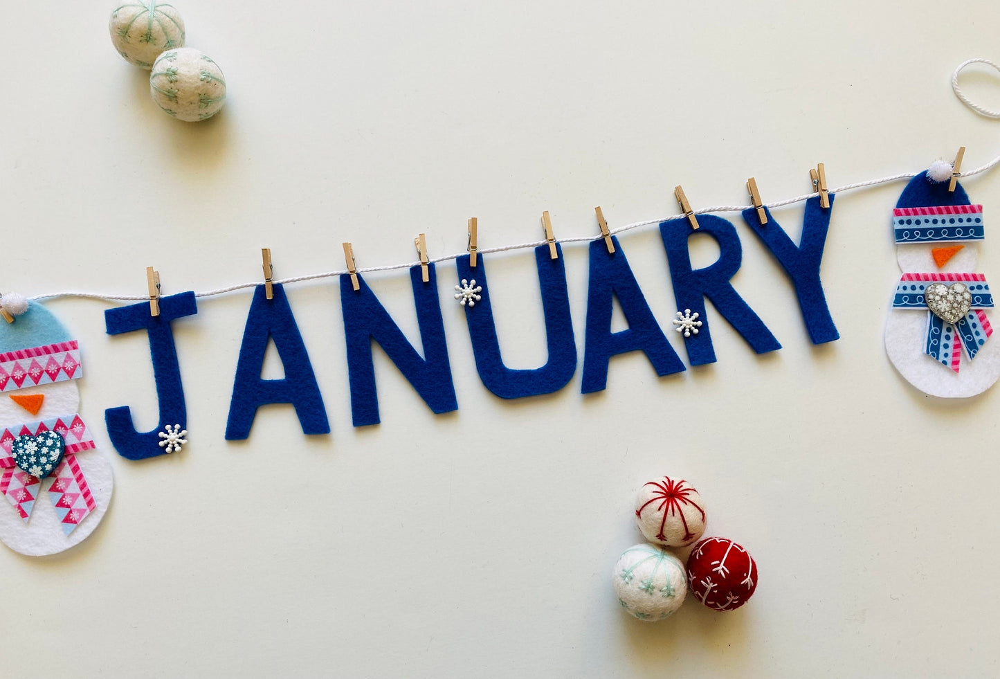 January Felt Miniature Clothesline Banner Snowman Garland Winter Bunting Wall Hanging Decoration for Bulletin Board