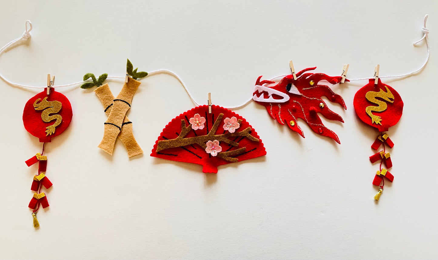 Lunar New Year Miniature Felt Clothesline Banner Chinese Bunting Wall Hanging Decoration with Interchangable Pieces Option