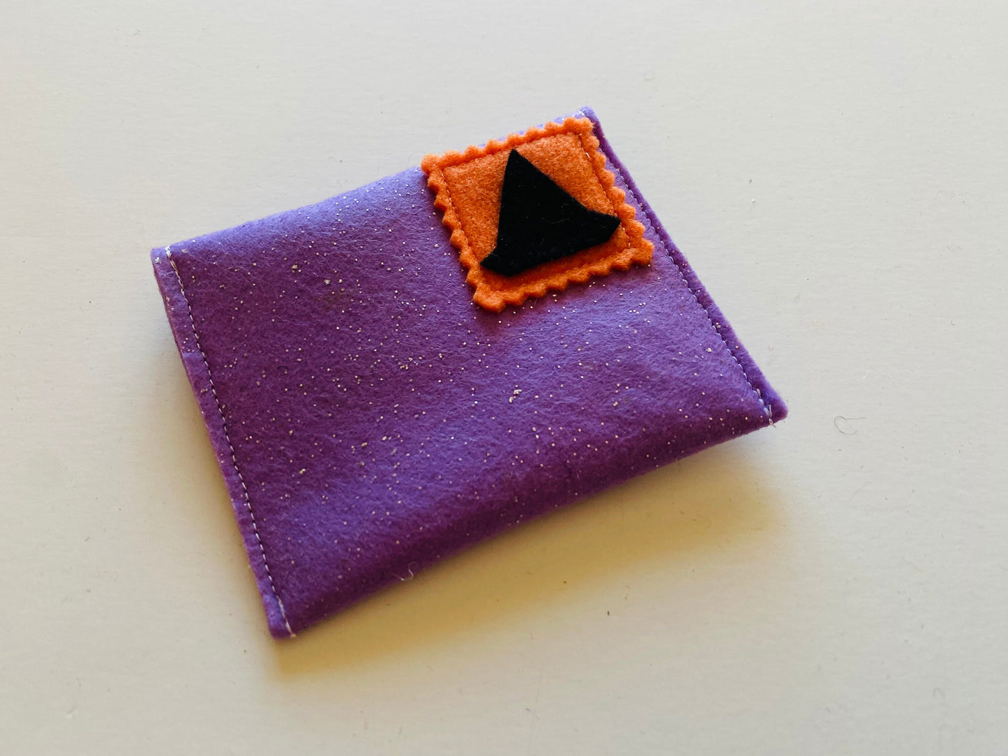 Sparkly Purple Halloween Felt Envelope with Witch Hat Stamp for Pretend Play or Gifts