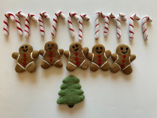 Wool Gingerbread Shapes, Wool Candy Cane Bowl Fillers, Wool Tree Shape