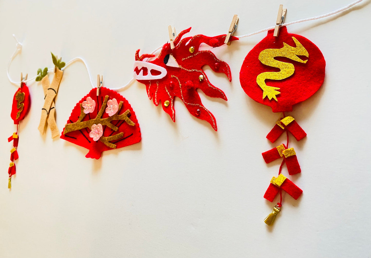 Lunar New Year Miniature Felt Clothesline Banner Chinese Bunting Wall Hanging Decoration with Interchangable Pieces Option