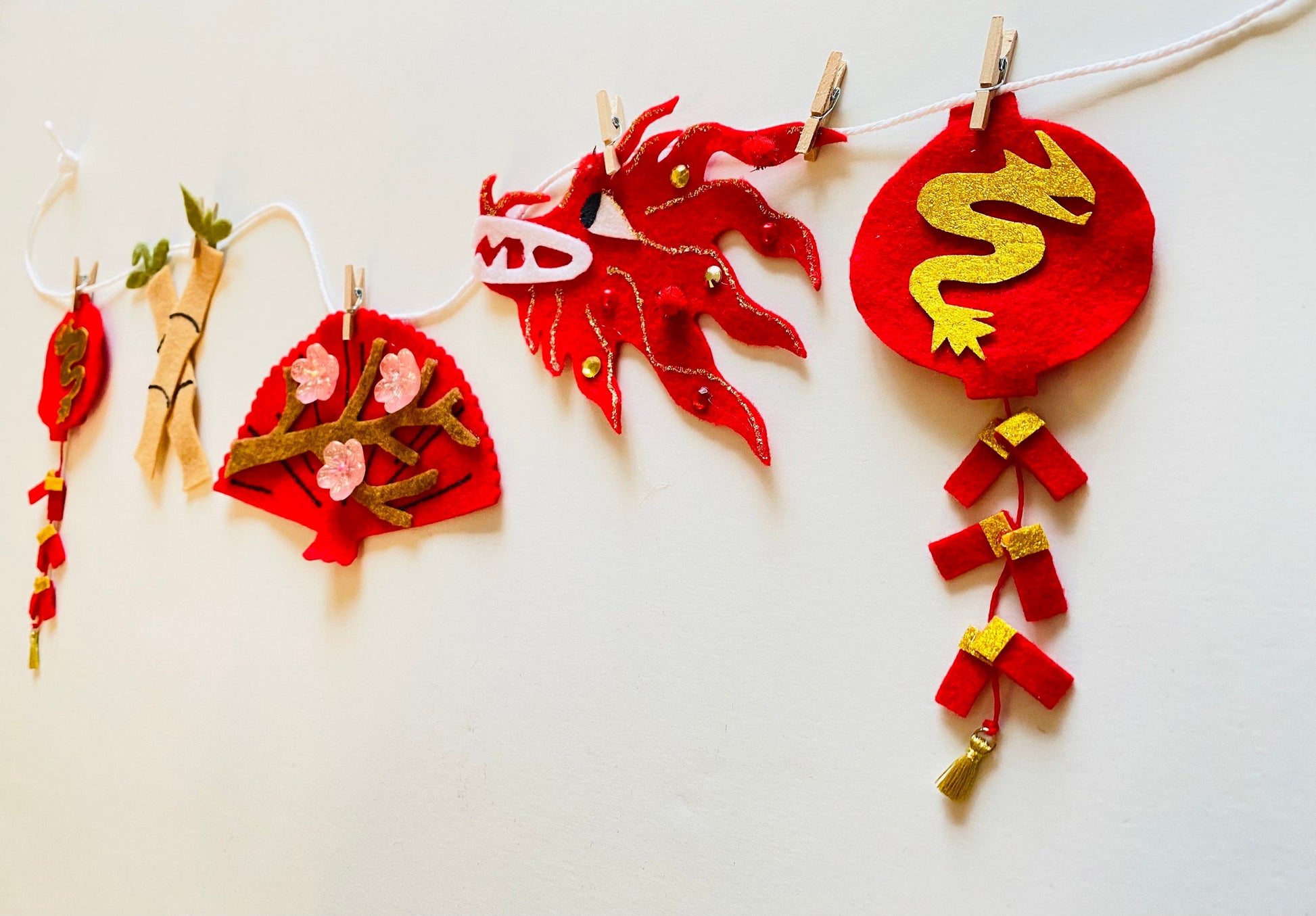 Lunar New Year Miniature Felt Clothesline Banner Chinese Bunting Wall Hanging Decoration with Interchangable Pieces Option