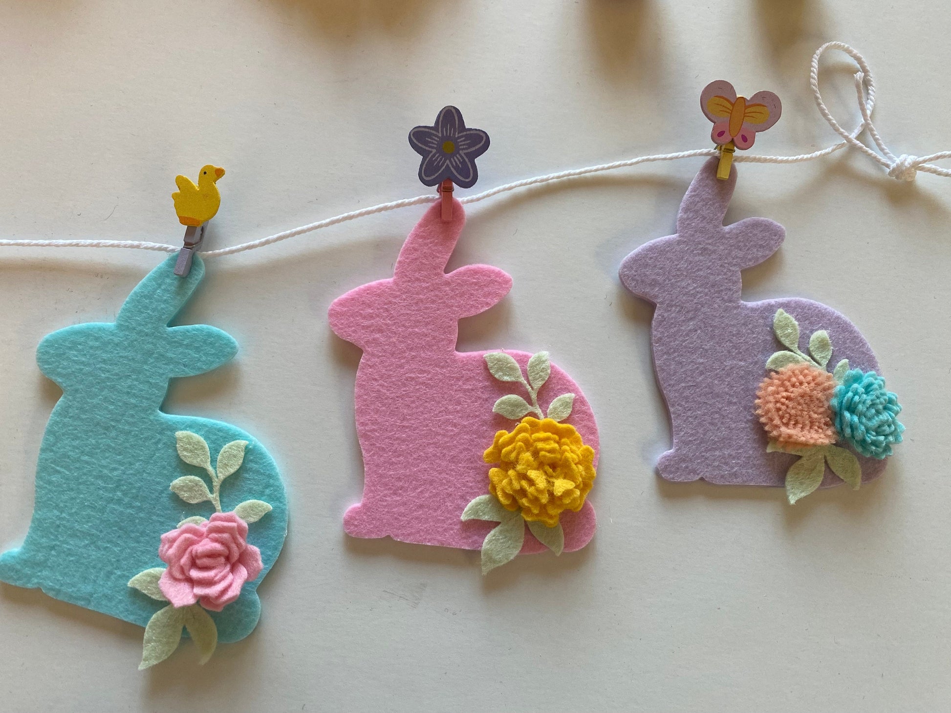 Felt Flower Easter Bunny Banner, Pastel Rabbit Garland, Wall Hanging Decoration