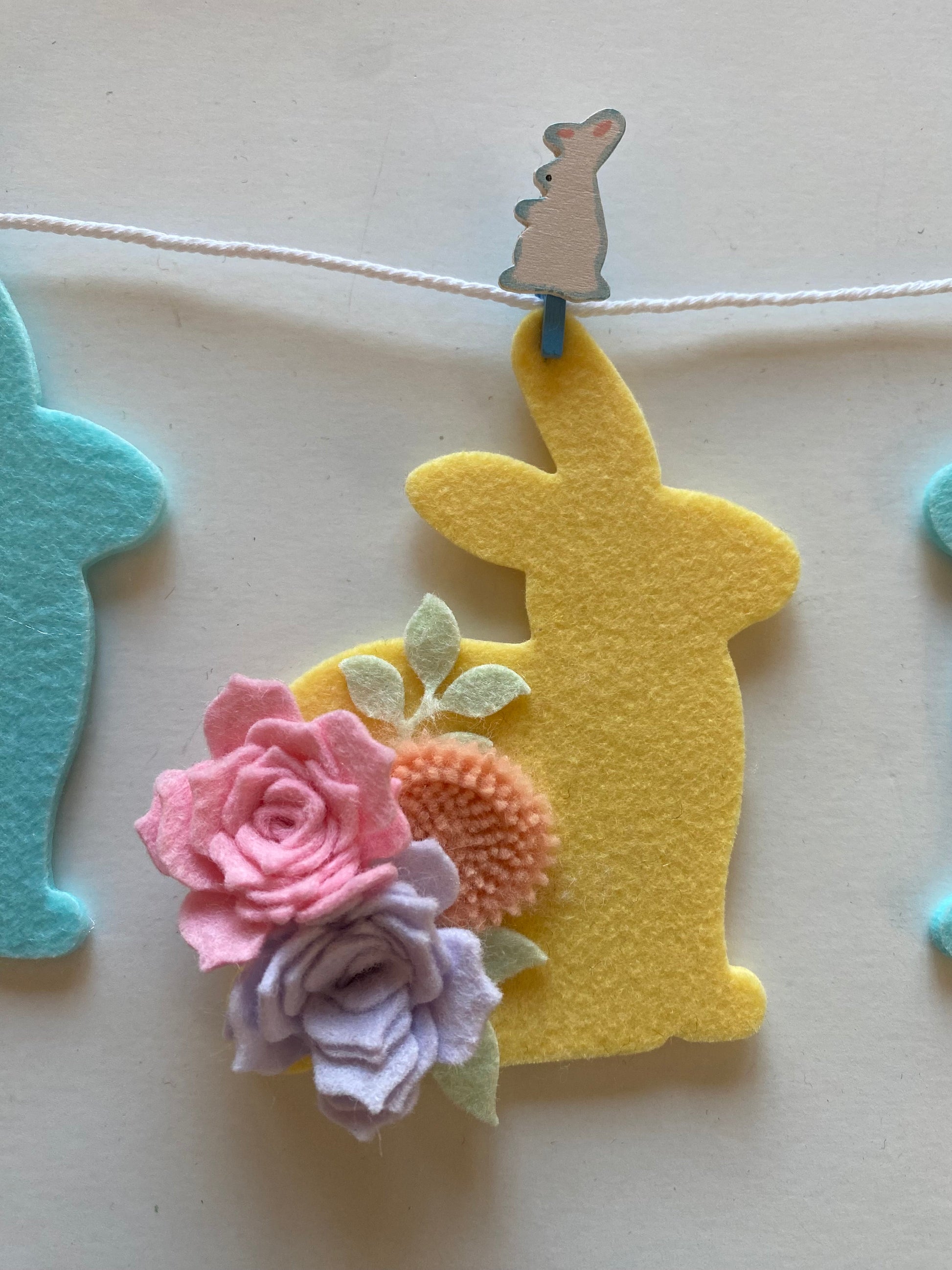 Felt Flower Easter Bunny Banner, Pastel Rabbit Garland, Wall Hanging Decoration