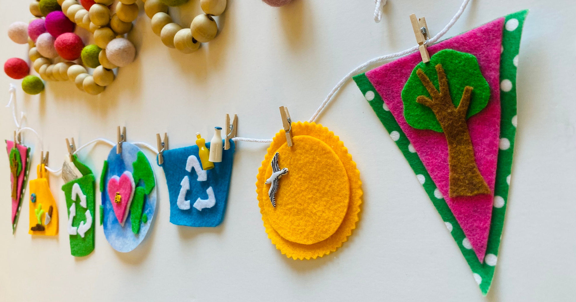Earth Day Miniature Felt Banner, Earth-Friendly Garland, Bunting, Wall Hanging Decoration