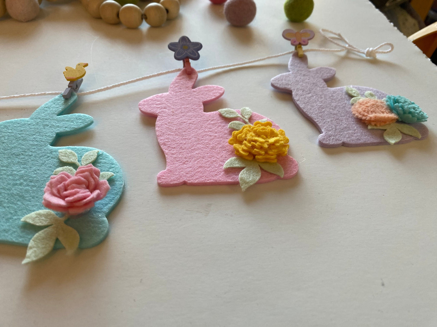 Felt Flower Easter Bunny Banner, Pastel Rabbit Garland, Wall Hanging Decoration