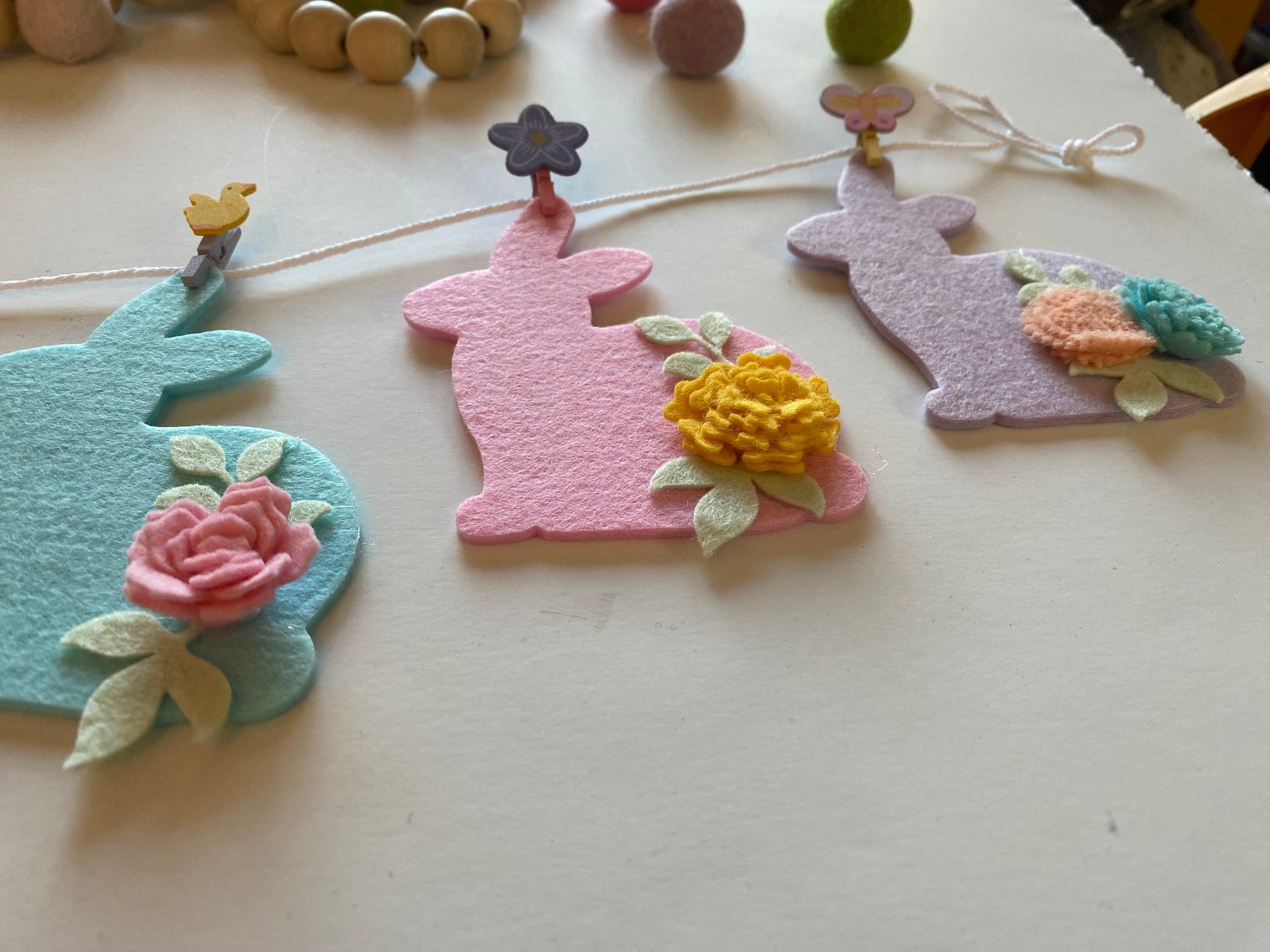 Felt Flower Easter Bunny Banner, Pastel Rabbit Garland, Wall Hanging Decoration