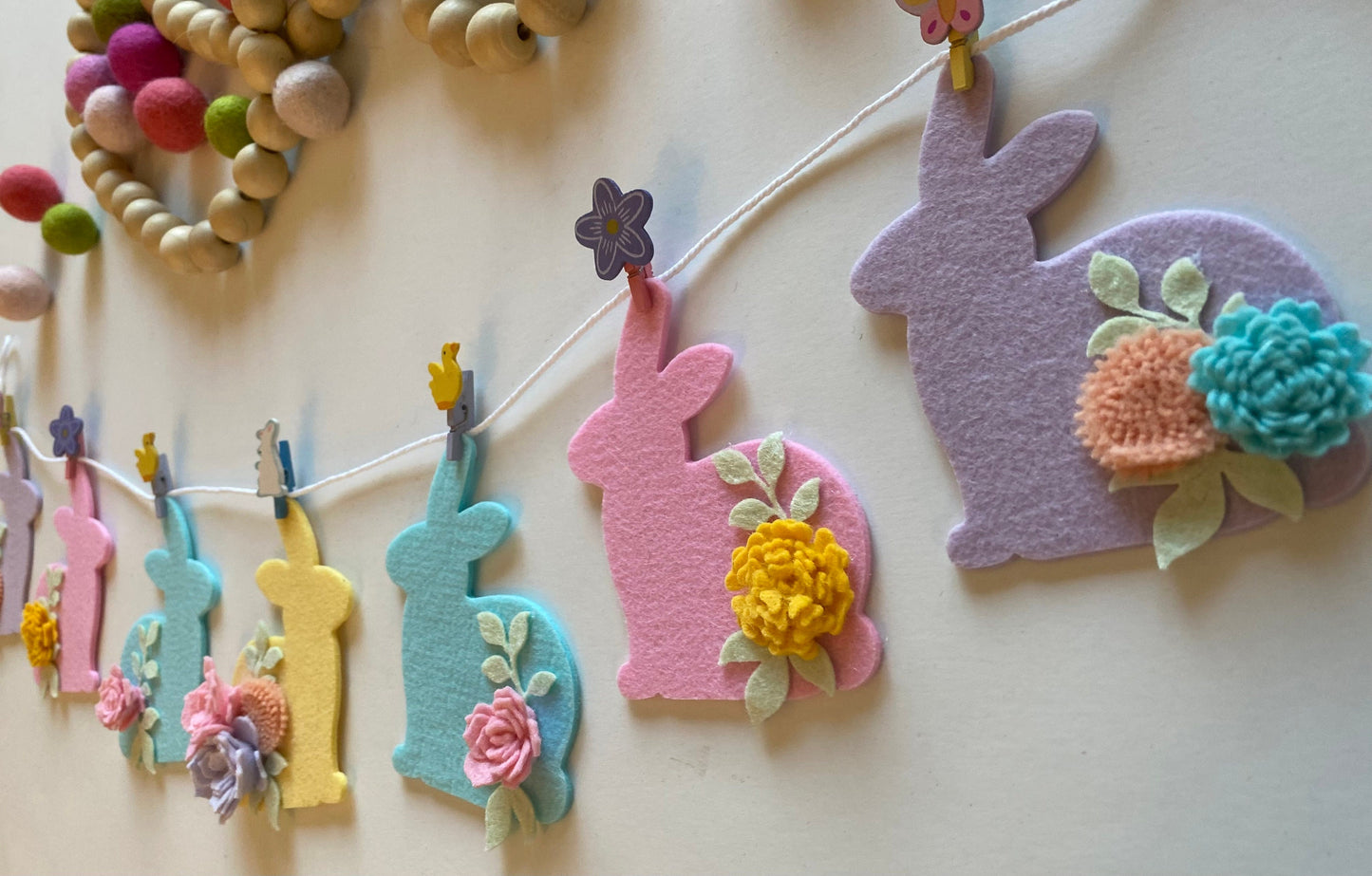 Felt Flower Easter Bunny Banner, Pastel Rabbit Garland, Wall Hanging Decoration