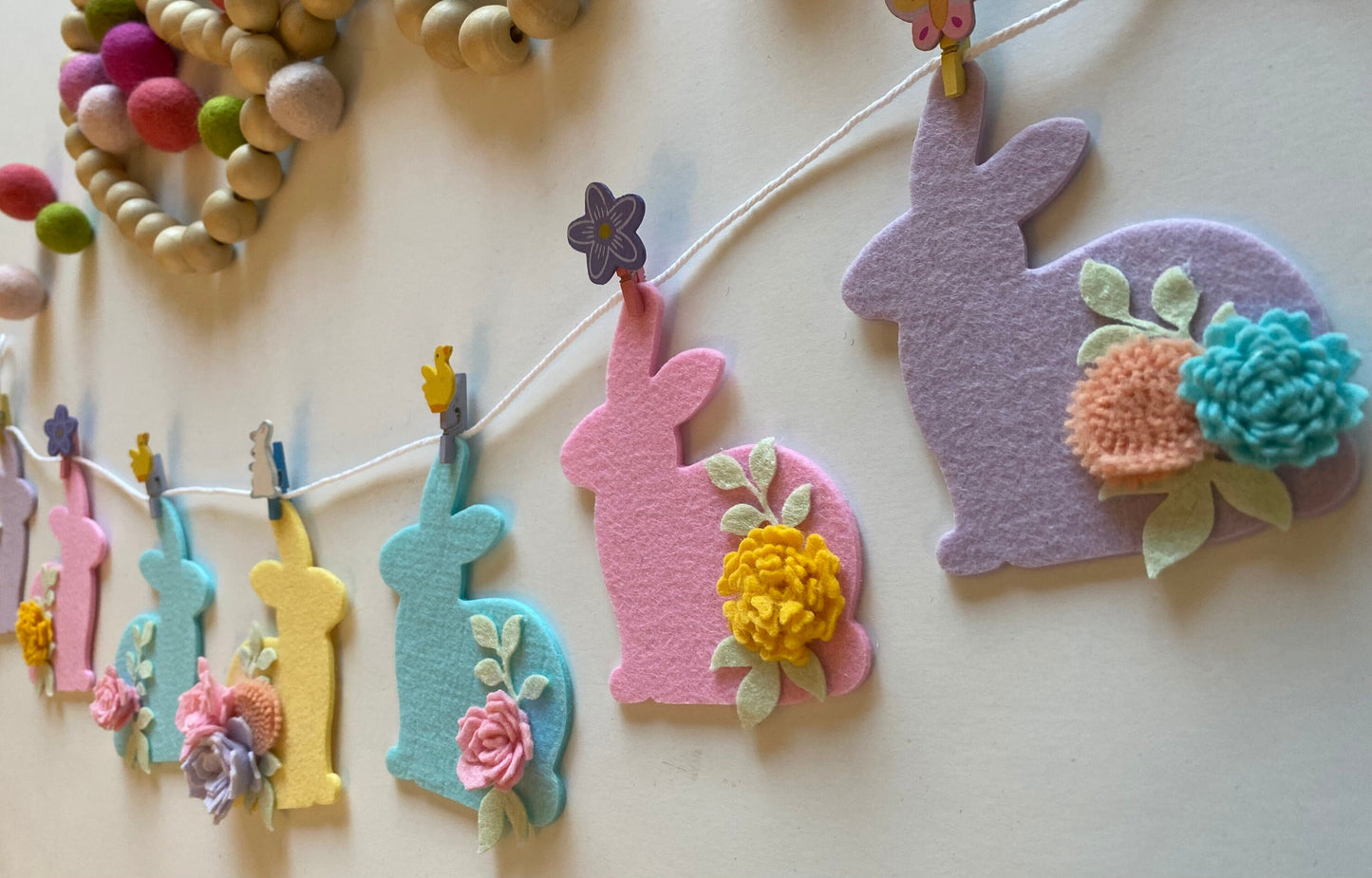 Felt Flower Easter Bunny Banner, Pastel Rabbit Garland, Wall Hanging Decoration