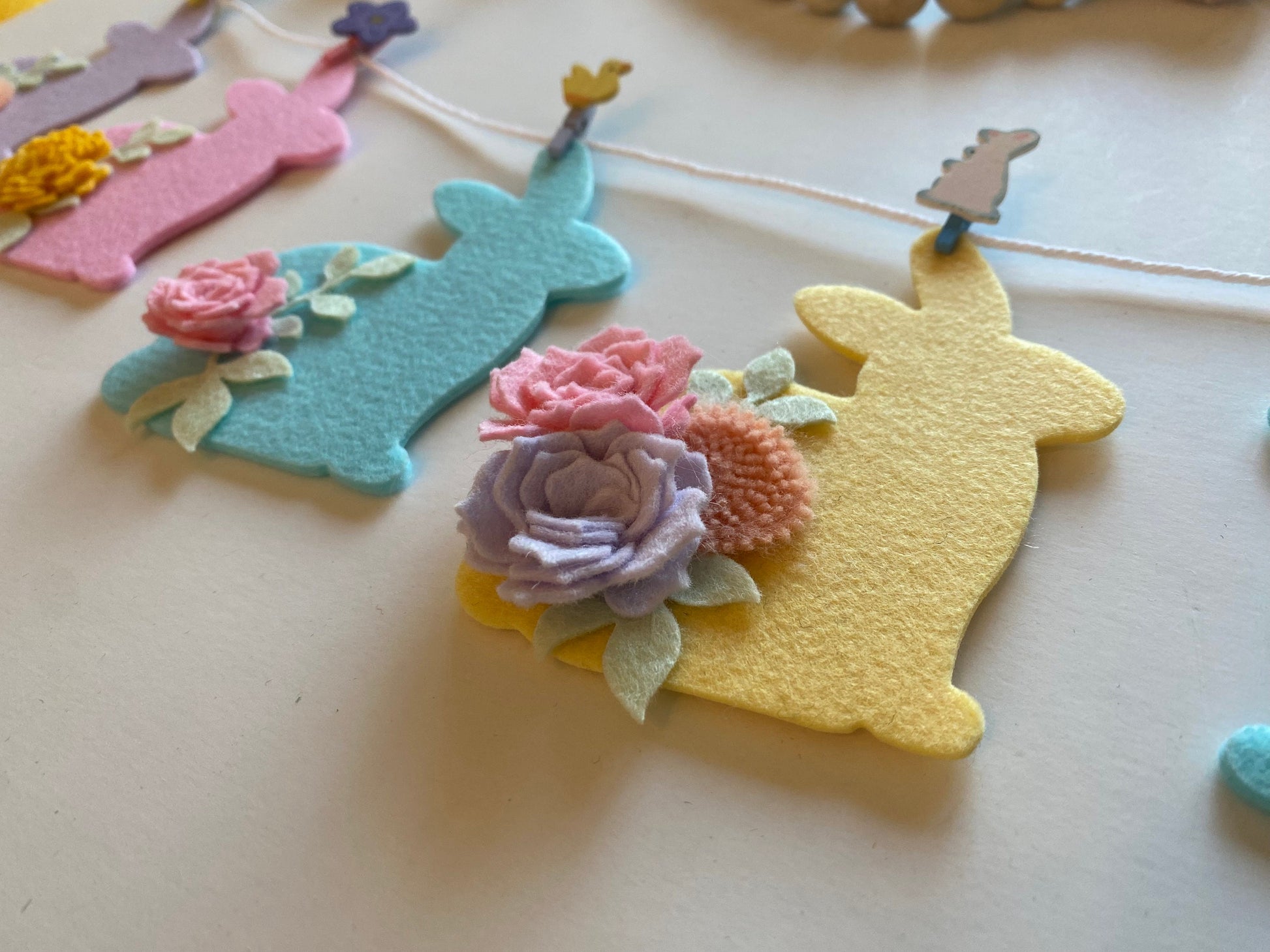Felt Flower Easter Bunny Banner, Pastel Rabbit Garland, Wall Hanging Decoration