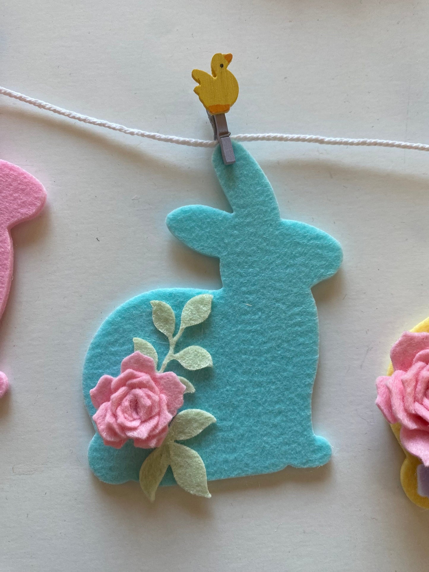 Felt Flower Easter Bunny Banner, Pastel Rabbit Garland, Wall Hanging Decoration