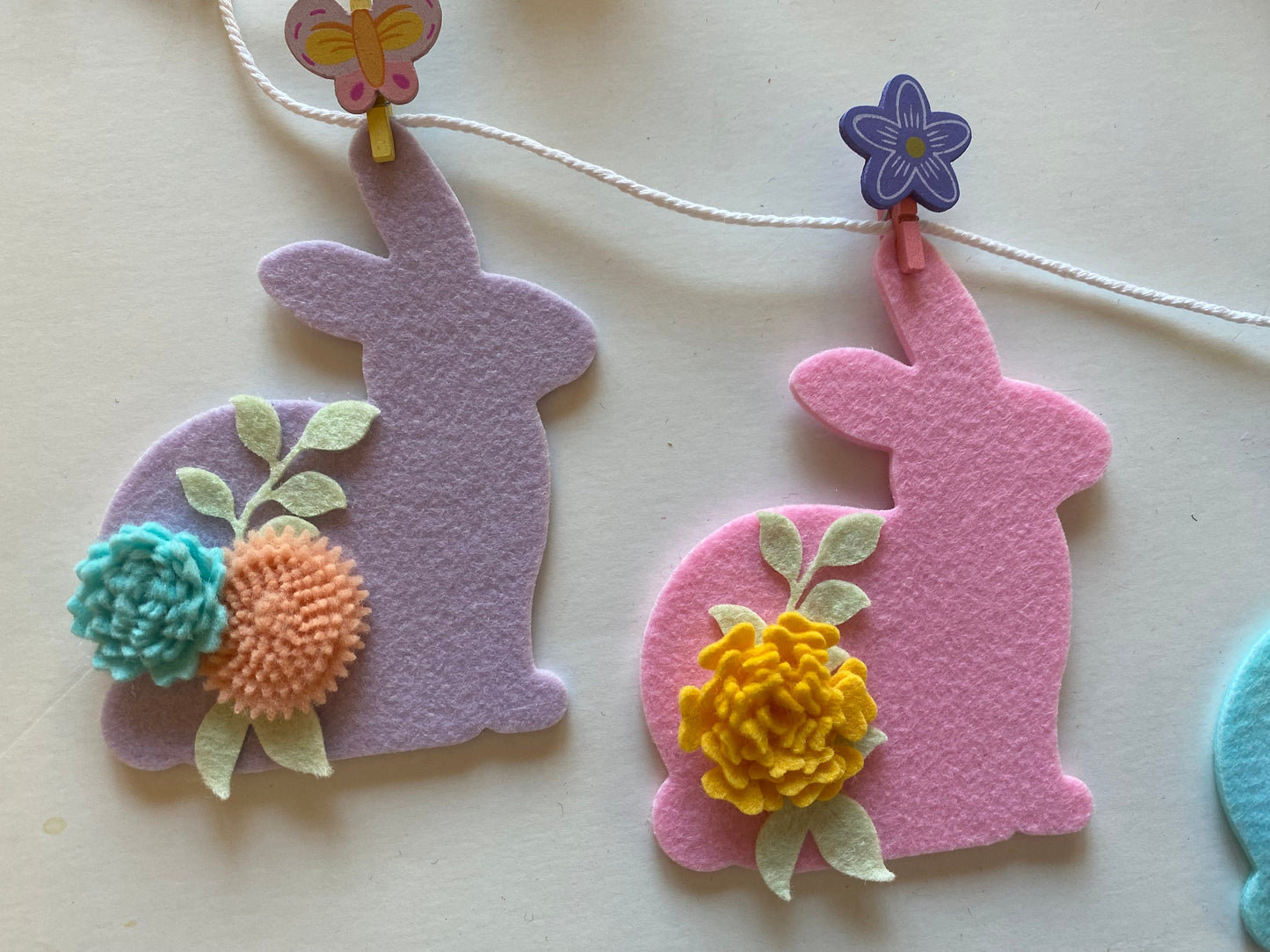 Felt Flower Easter Bunny Banner, Pastel Rabbit Garland, Wall Hanging Decoration