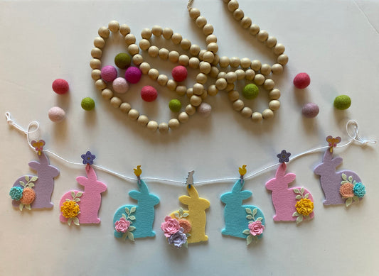 Felt Flower Easter Bunny Banner, Pastel Rabbit Garland, Wall Hanging Decoration