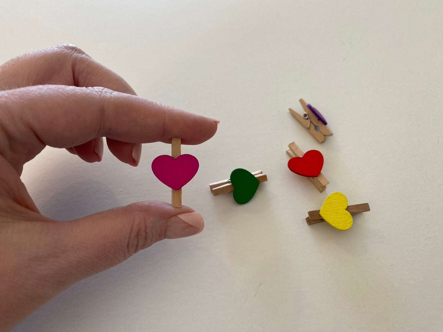 Miniature Wooden Clothespins with Heart Designs, Set of 15