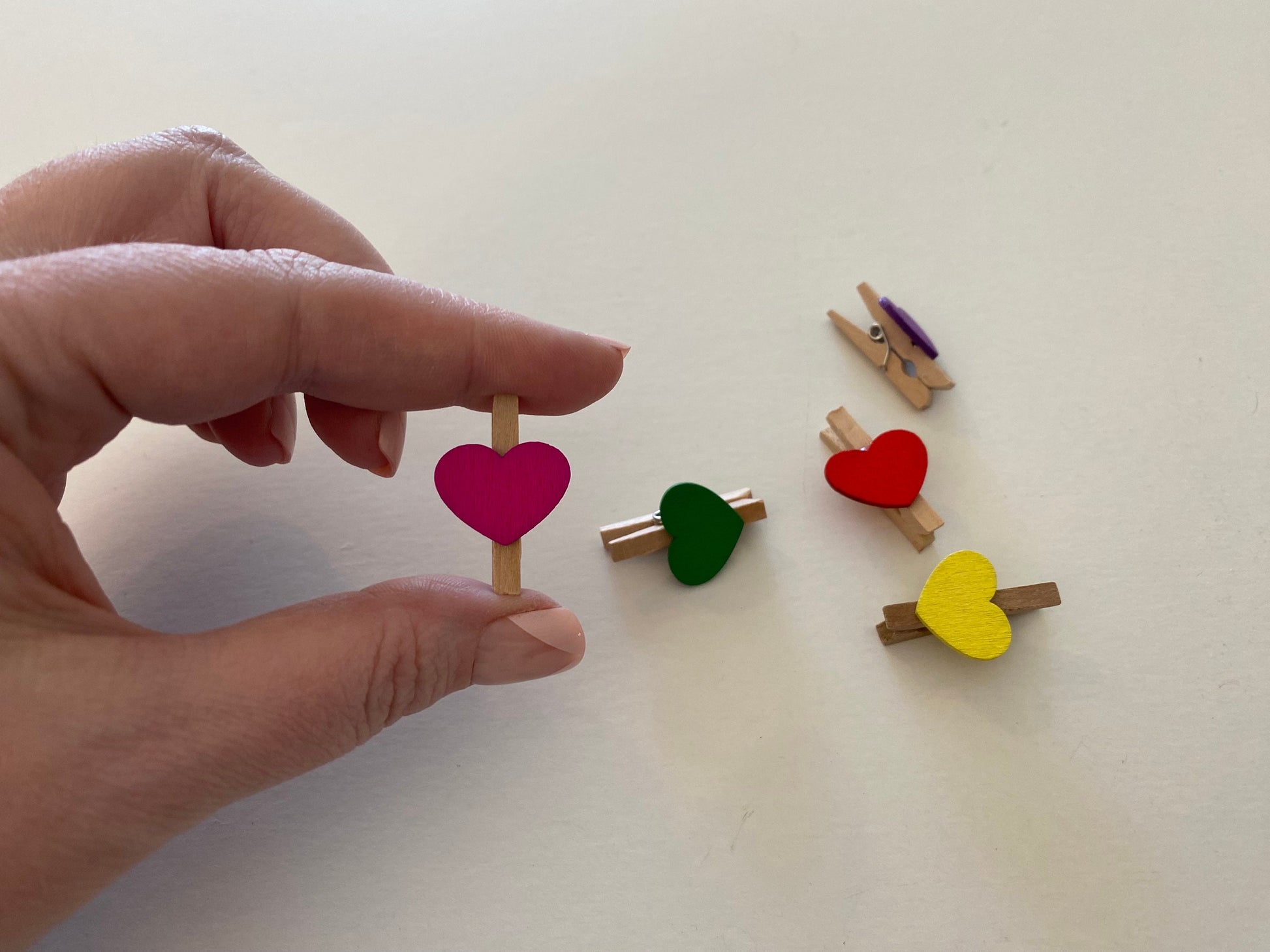 Miniature Wooden Clothespins with Heart Designs, Set of 15