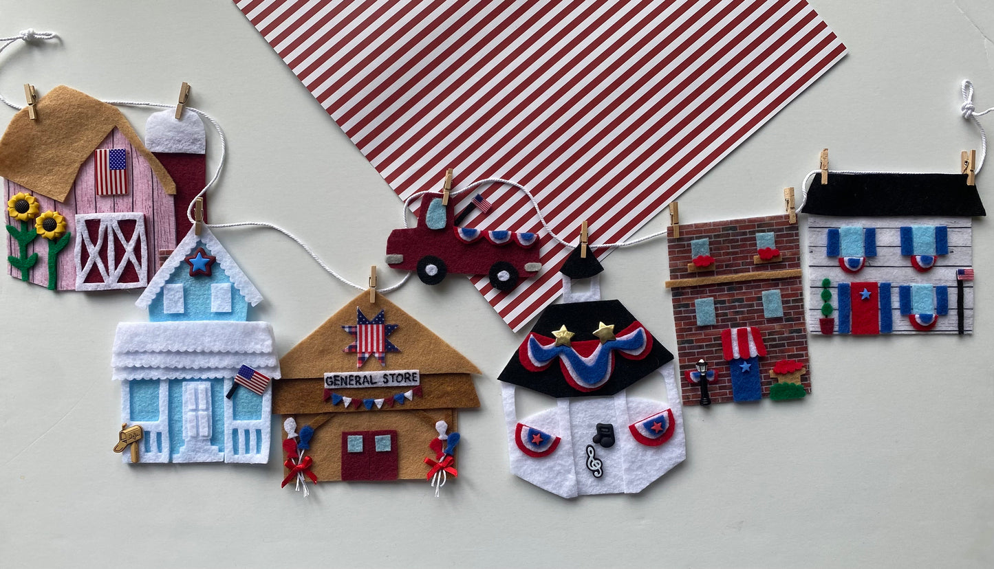 Patriotic Town Felt Banner, 4th of July Parade Garland, Miniature Village Bunting, USA Wall Hanging Decoration for Independence Day
