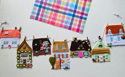 Springtime Houses Village Banner, Summer Town Garland, Cottages Bunting, Felt Wall Hanging Decoration