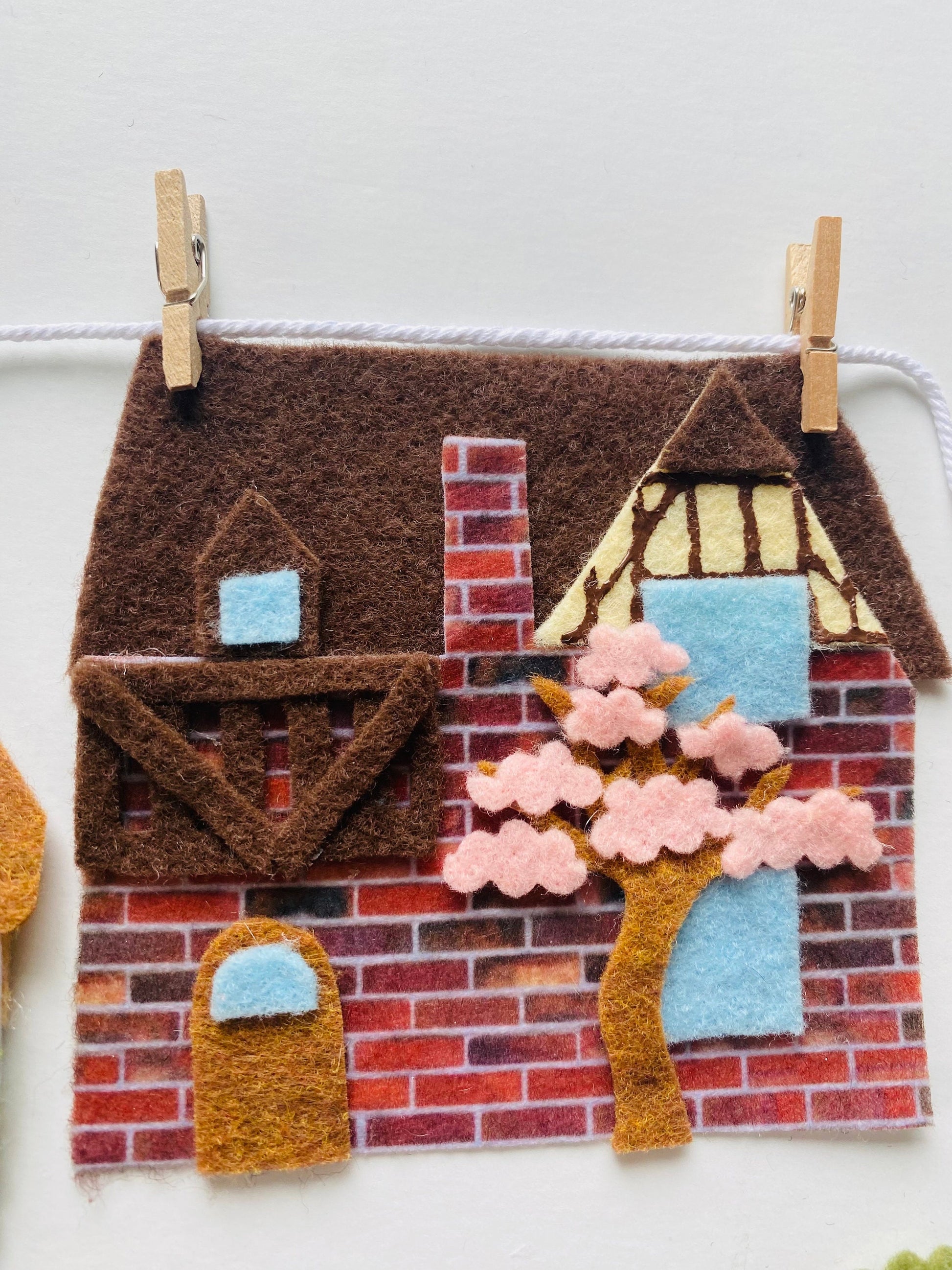 Springtime Houses Village Banner, Summer Town Garland, Cottages Bunting, Felt Wall Hanging Decoration