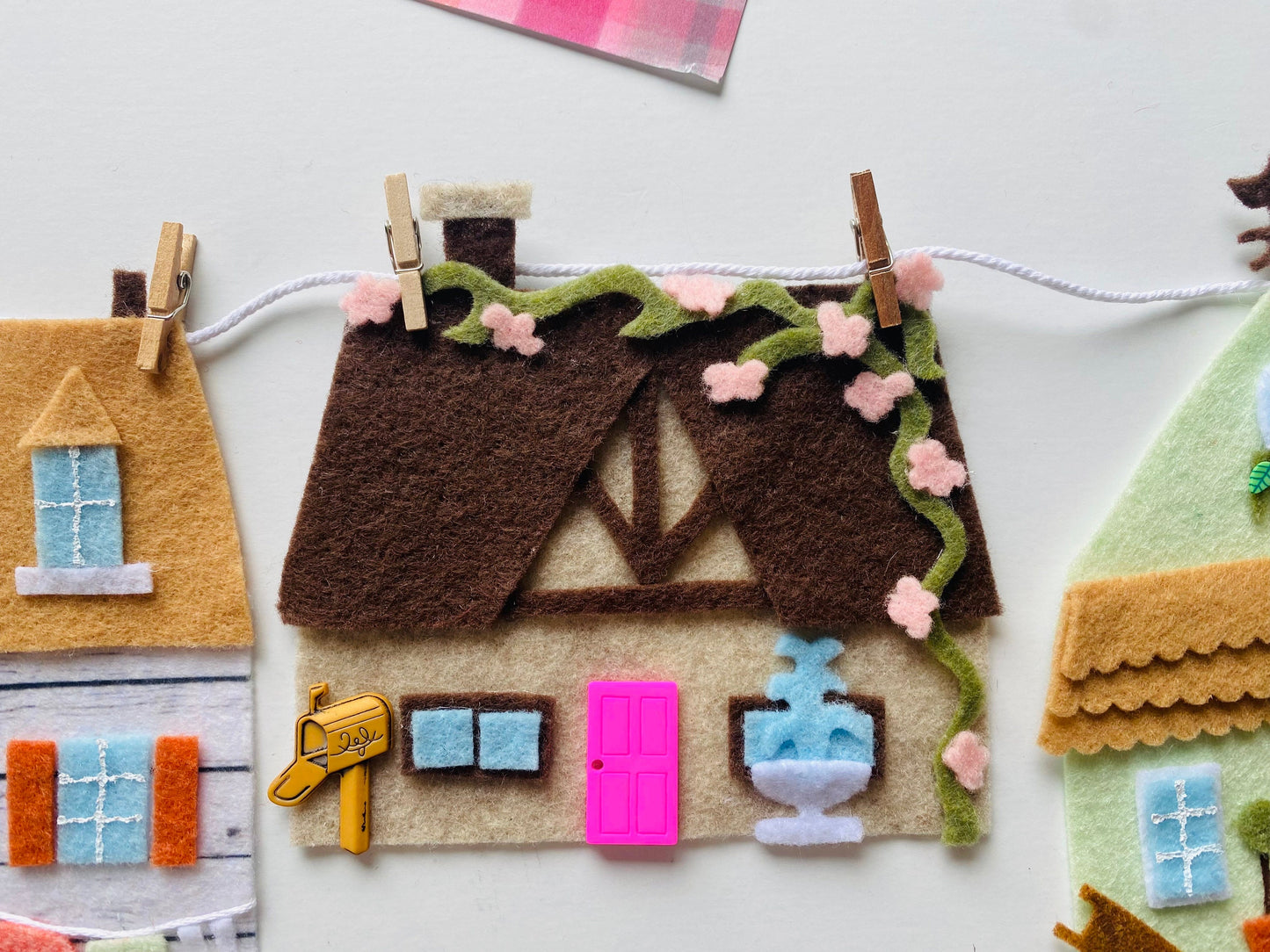 Springtime Houses Village Banner, Summer Town Garland, Cottages Bunting, Felt Wall Hanging Decoration
