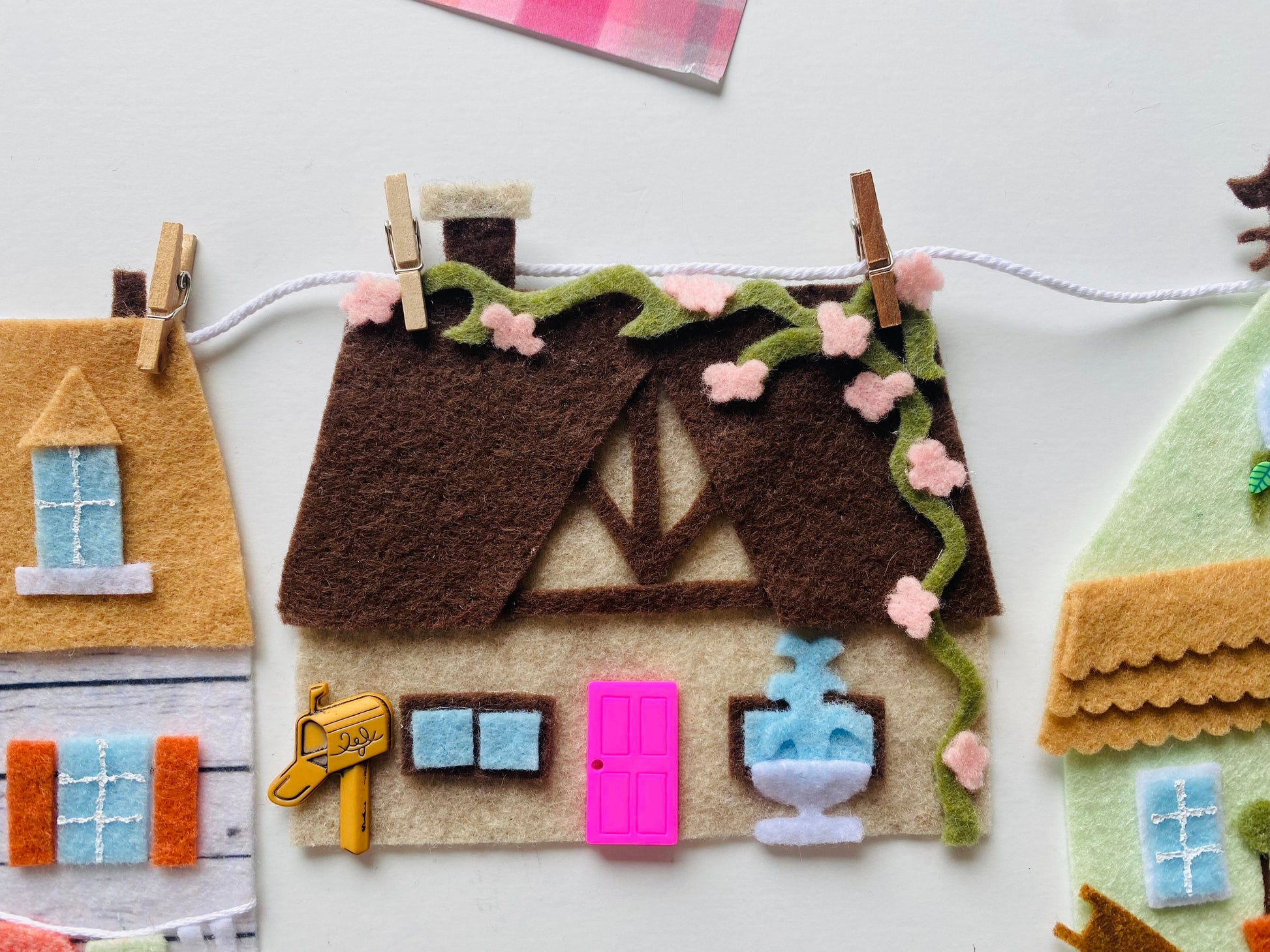 Springtime Houses Village Banner, Summer Town Garland, Cottages Bunting, Felt Wall Hanging Decoration
