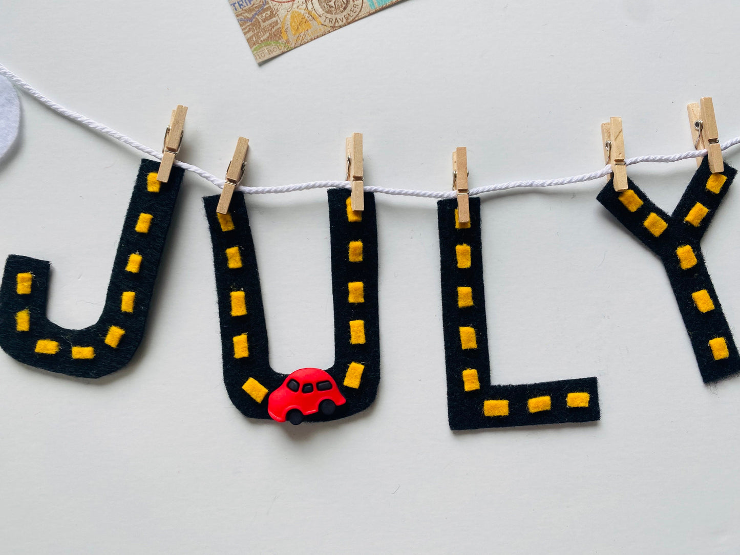 July Monthly Banner, Road Trip Garland, Bunting with Airplane and Suitcase