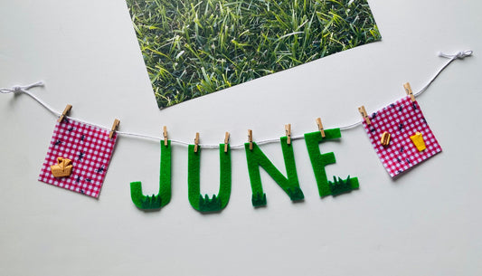 June Monthly Banner, Picnic Garland, Classroom Bulletin Board Bunting with Grass, Ants, Picnic Basket and Lemonade