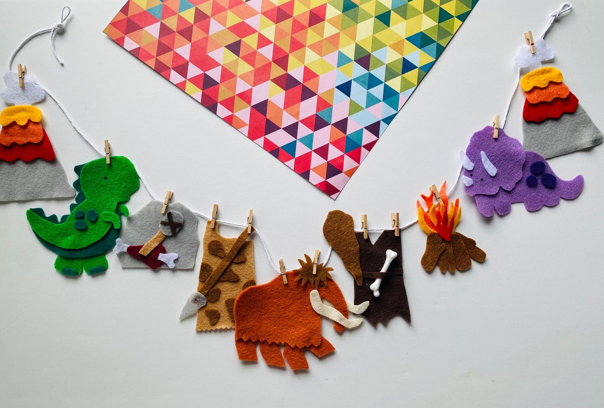 Cave Man & Woman Felt Banner, Dinosaur Garland, Volcano Bunting, Prehistoric Pennant, Wall Hanging Decoration for Parties
