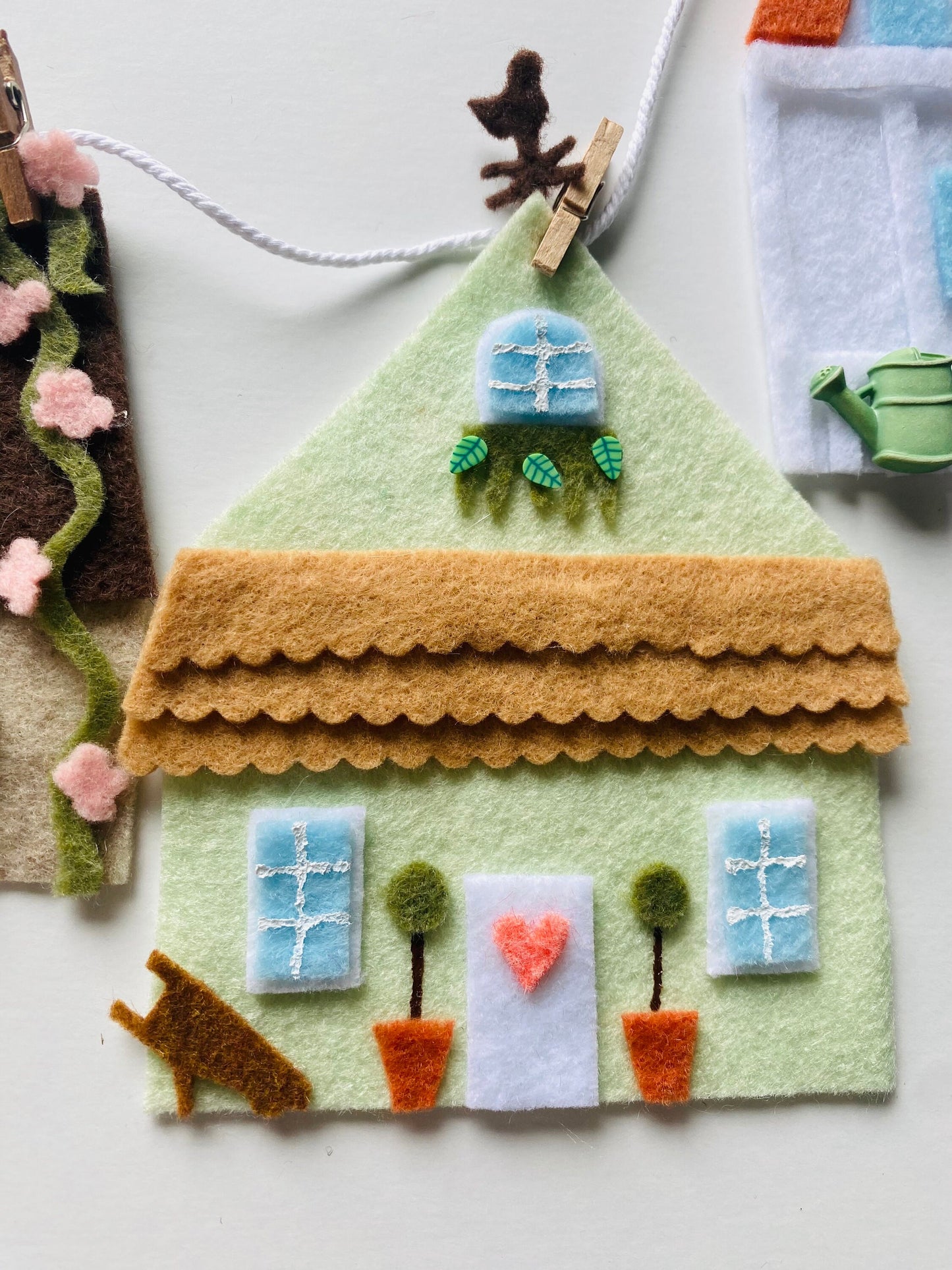 Springtime Houses Village Banner, Summer Town Garland, Cottages Bunting, Felt Wall Hanging Decoration