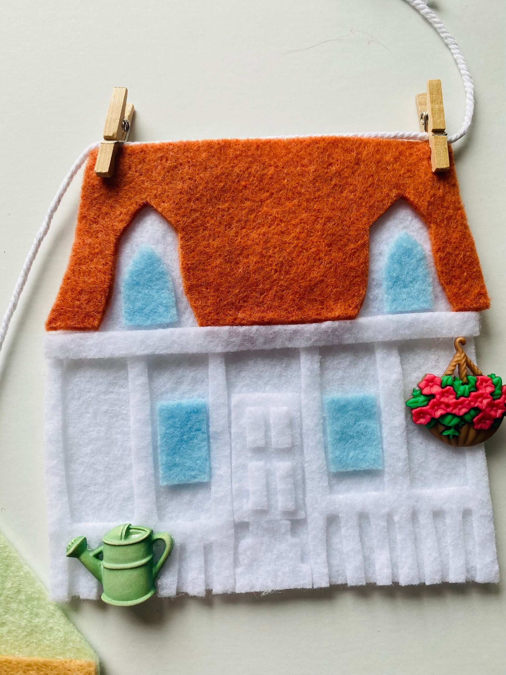 Springtime Houses Village Banner, Summer Town Garland, Cottages Bunting, Felt Wall Hanging Decoration