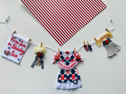 Patriotic God Bless America Banner, Miniature Felt Americana Dress Clothesline Bunting, Liberty Bell Garland, Wall Hanging Decor for July 4
