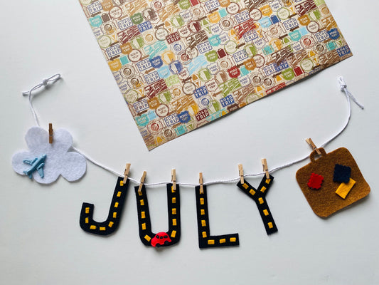 July Monthly Banner, Road Trip Garland, Bunting with Airplane and Suitcase