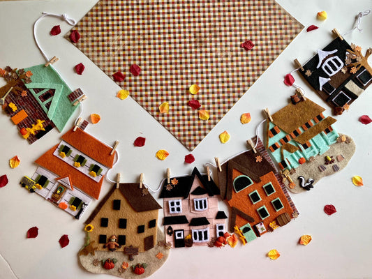 Autumn Houses Village Banner, Fall Town Garland, Cottages Bunting, Felt Wall Hanging Decoration