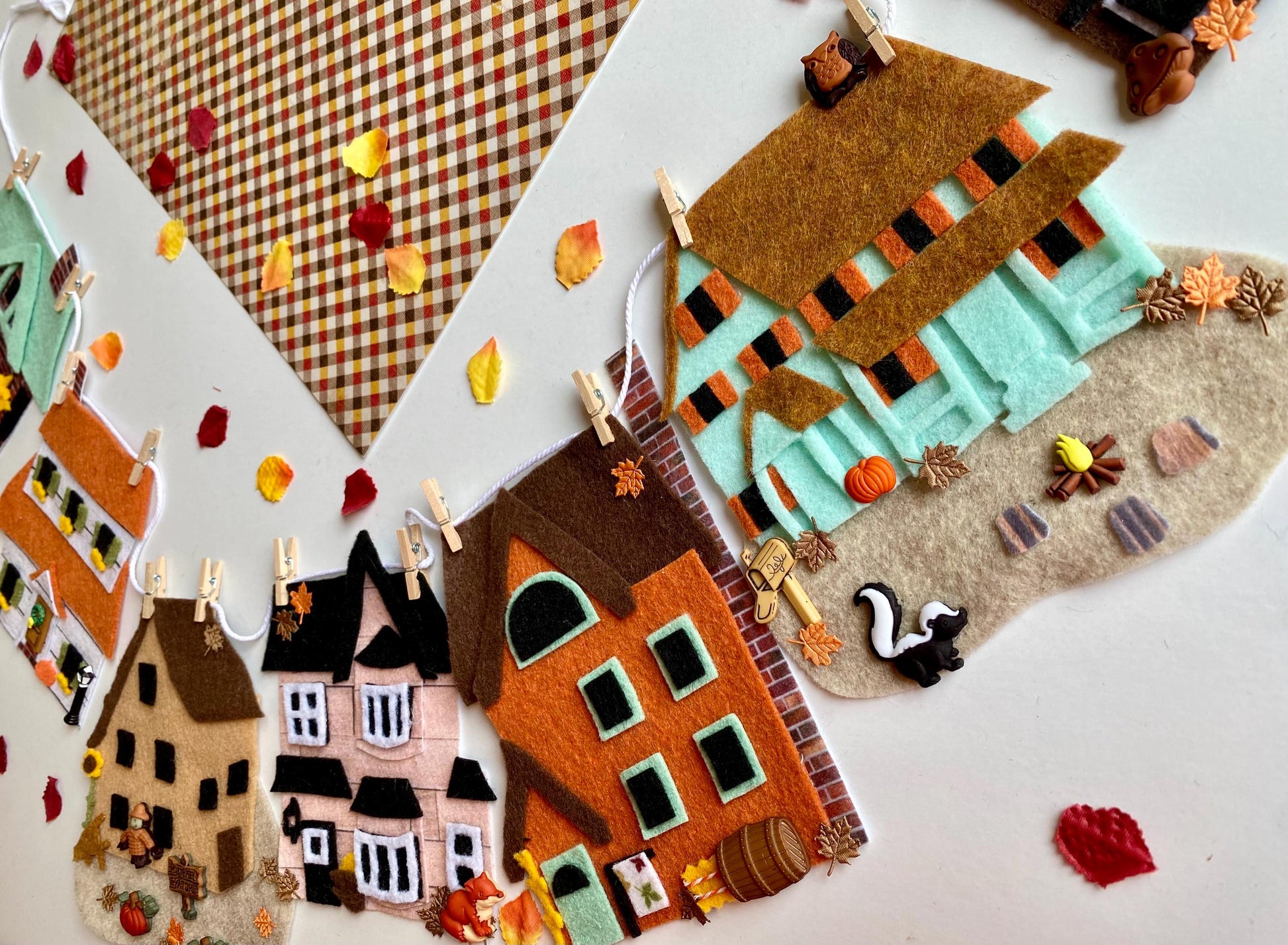 Autumn Houses Village Banner, Fall Town Garland, Cottages Bunting, Felt Wall Hanging Decoration