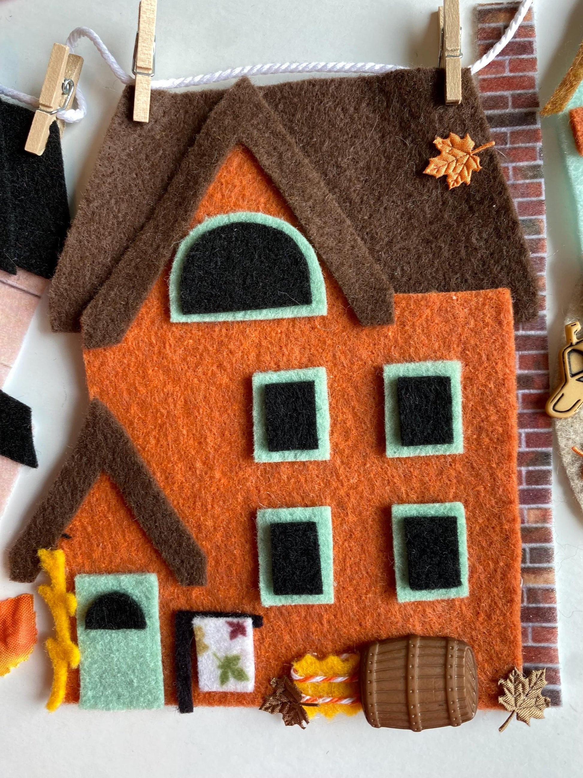 Autumn Houses Village Banner, Fall Town Garland, Cottages Bunting, Felt Wall Hanging Decoration