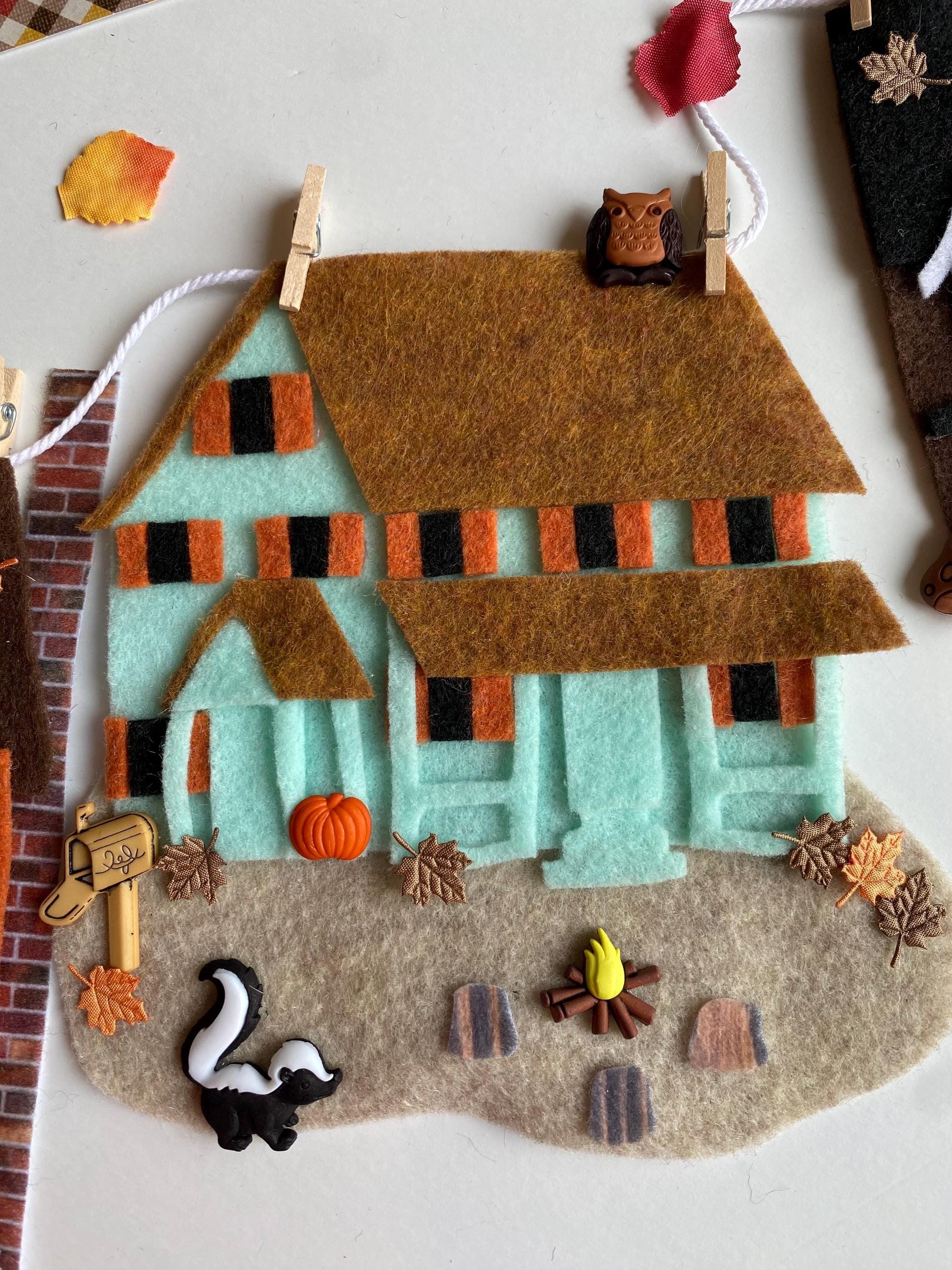 Autumn Houses Village Banner, Fall Town Garland, Cottages Bunting, Felt Wall Hanging Decoration