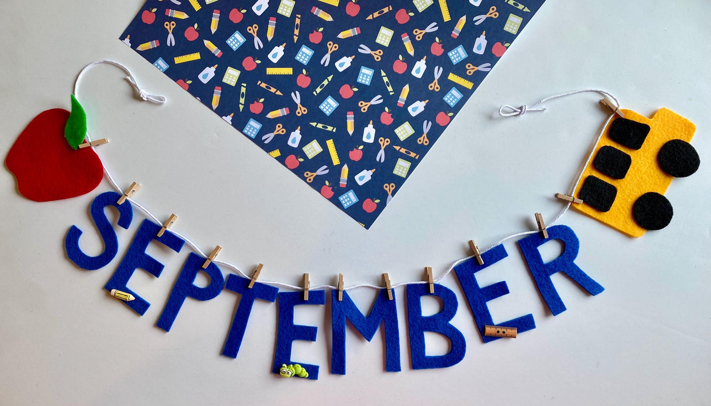 September Monthly Banner, Back to School Garland, Classroom Bulletin Board Bunting with Bus, Apple, Pencil, Bookworm and Ruler