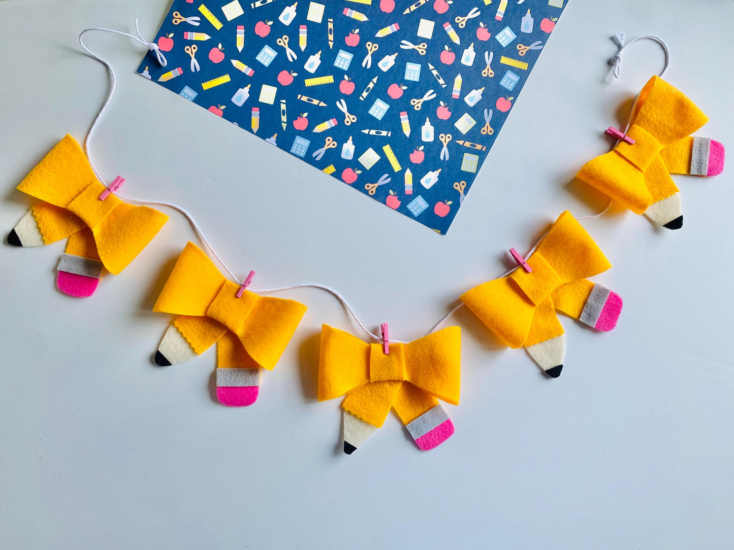 Pencil Bow Banner, Back to School Garland, Teacher Bunting, Classroom Wall Hanging Decoration for September