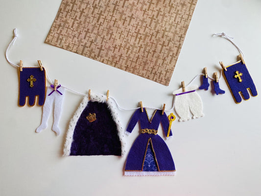 Queen’s Laundry Line, Miniature Felt Clothesline Banner, Medieval Costume Bunting, Decoration for Party or Renaissance Faire