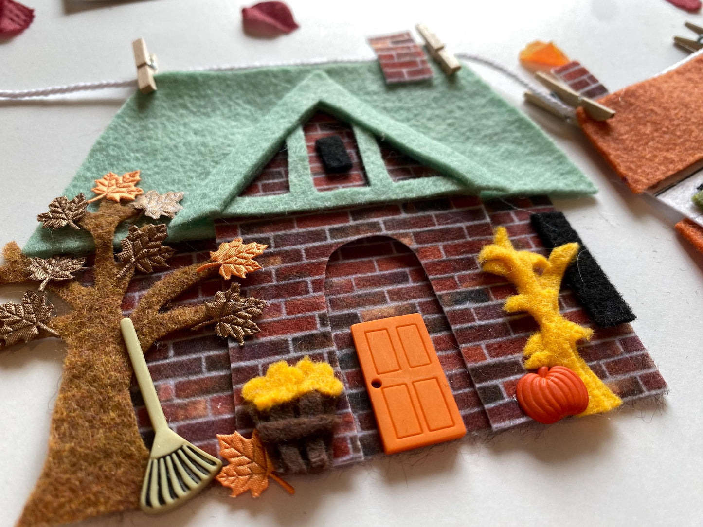 Autumn Houses Village Banner, Fall Town Garland, Cottages Bunting, Felt Wall Hanging Decoration