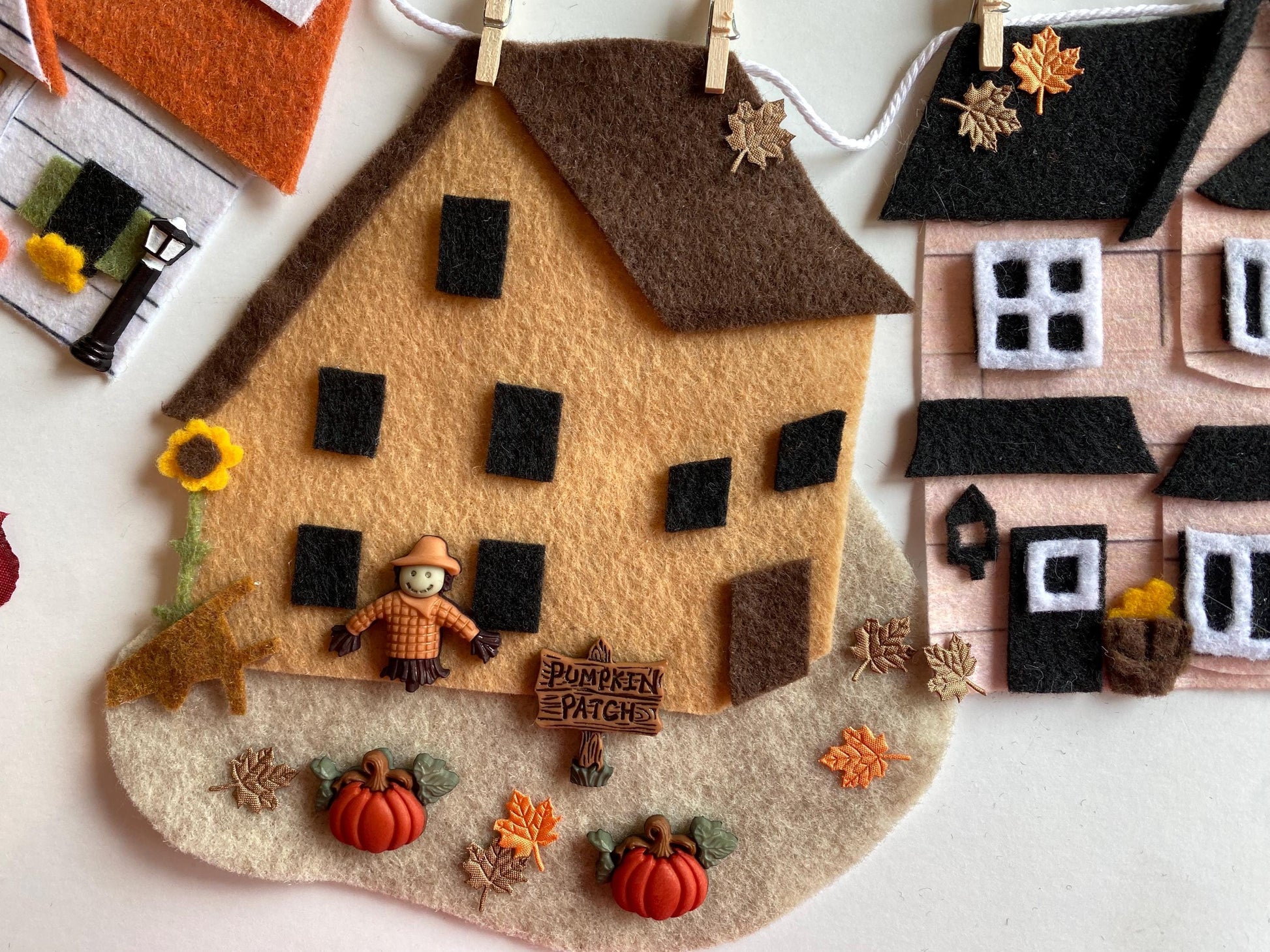 Autumn Houses Village Banner, Fall Town Garland, Cottages Bunting, Felt Wall Hanging Decoration