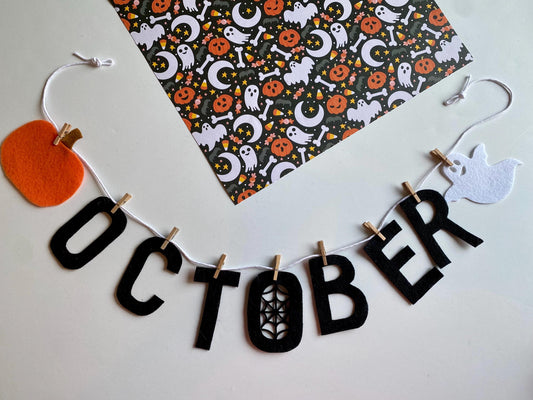 October Monthly Banner, Halloween Garland, Classroom Bulletin Board Bunting with Spider Web, Pumpkin, and Ghost