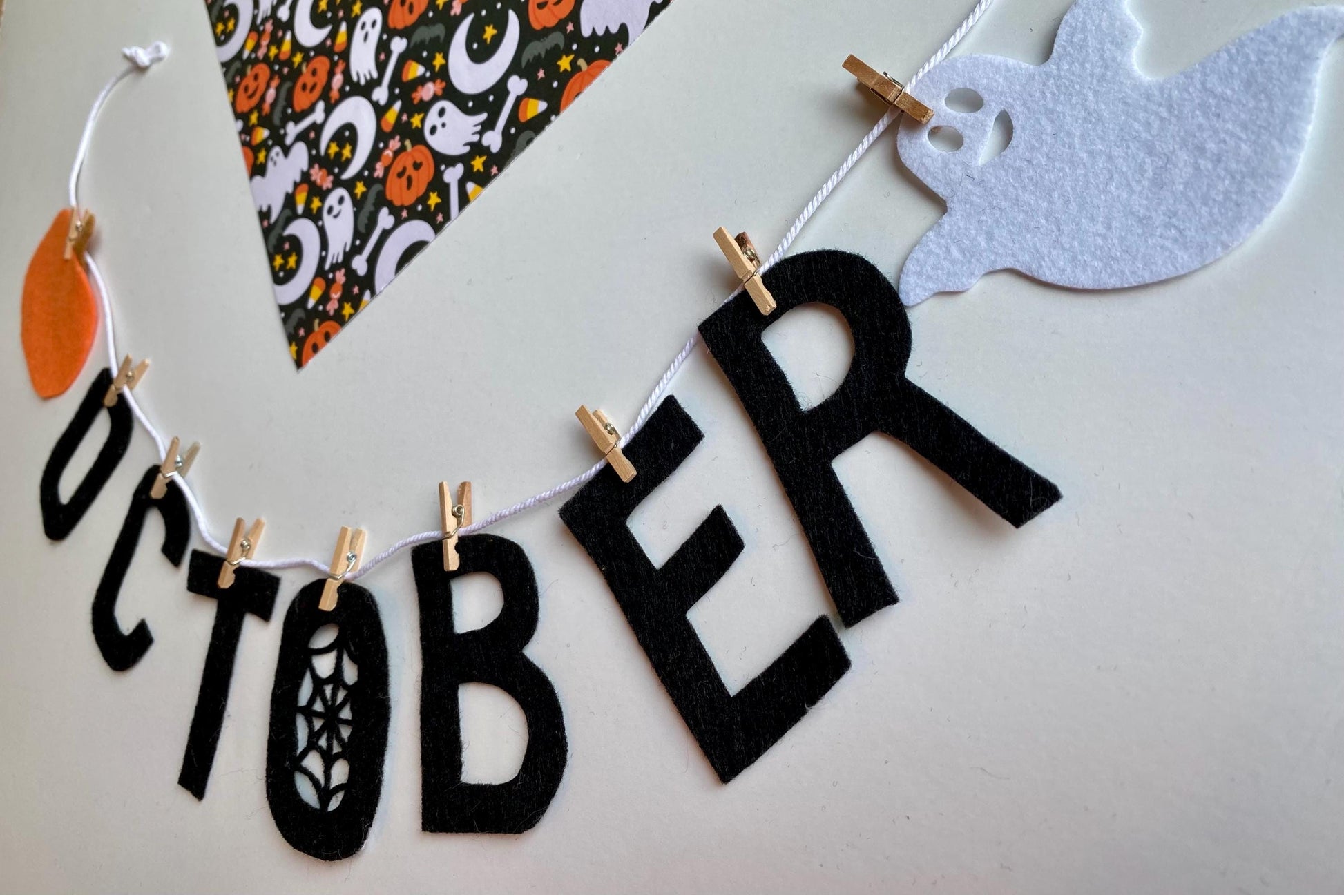 October Monthly Banner, Halloween Garland, Classroom Bulletin Board Bunting with Spider Web, Pumpkin, and Ghost