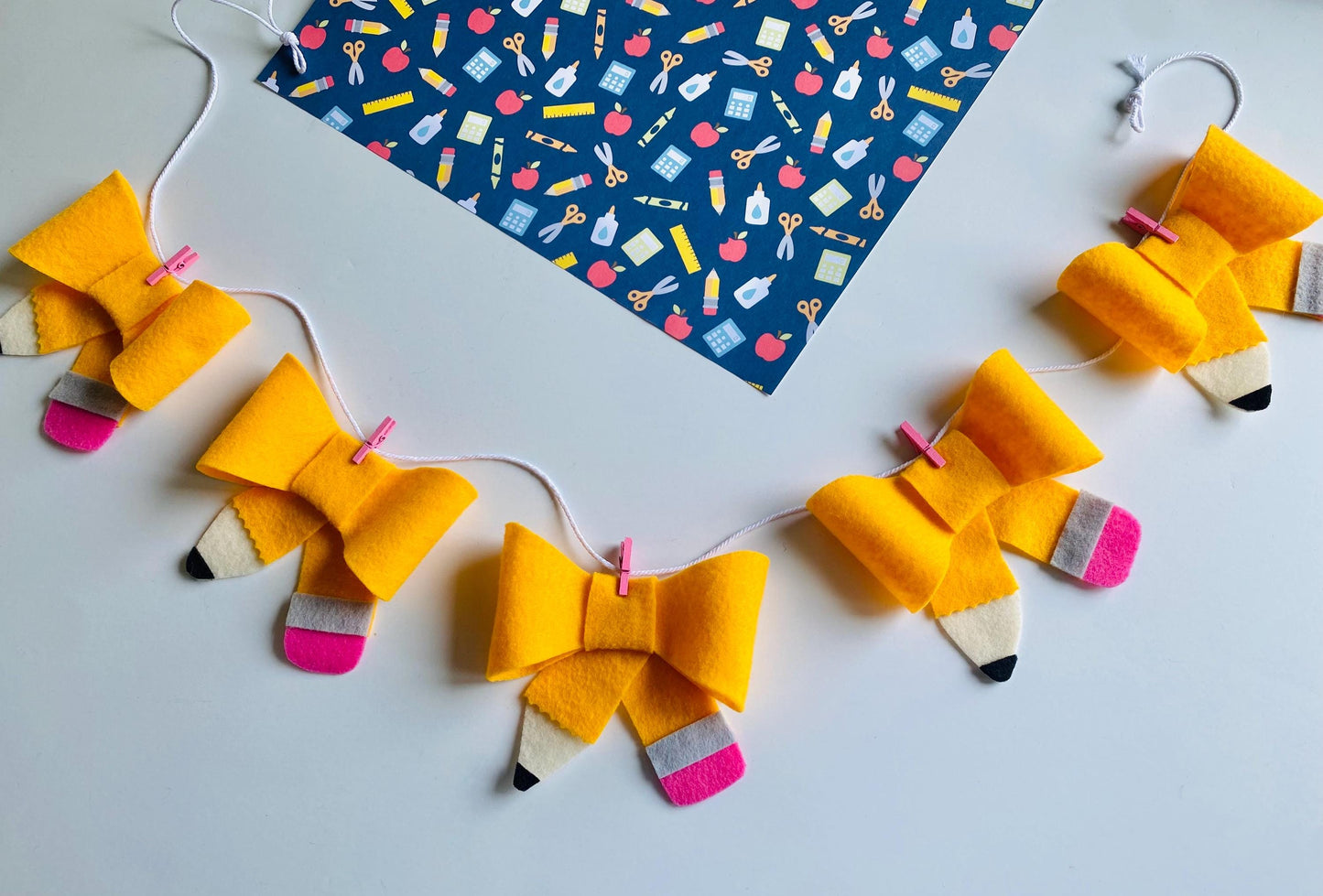 Pencil Bow Banner, Back to School Garland, Teacher Bunting, Classroom Wall Hanging Decoration for September