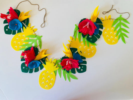 Tropical Hibiscus Pineapple and Monstera Leaf Felt Garland Summer Luau Banner Bunting Wall Hanging Decoration for Parties and Home Decor