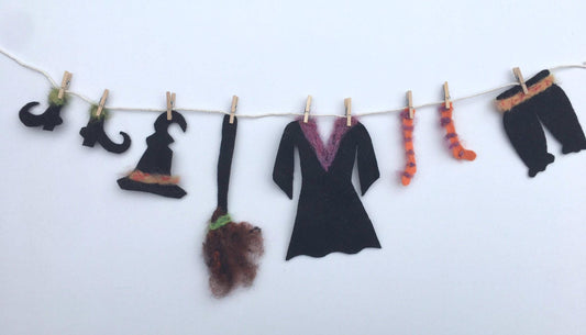 Witch Clothesline Miniature Felted Banner Bunting Garland Halloween Decoration Wall Hanging