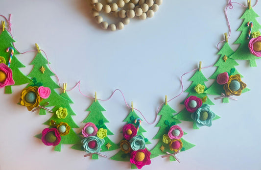Bright and Colorful Christmas Tree Bunting, Pink and Yellow Floral Holiday Garland, Girly Felt Flowers Banner Decoration for Christmas
