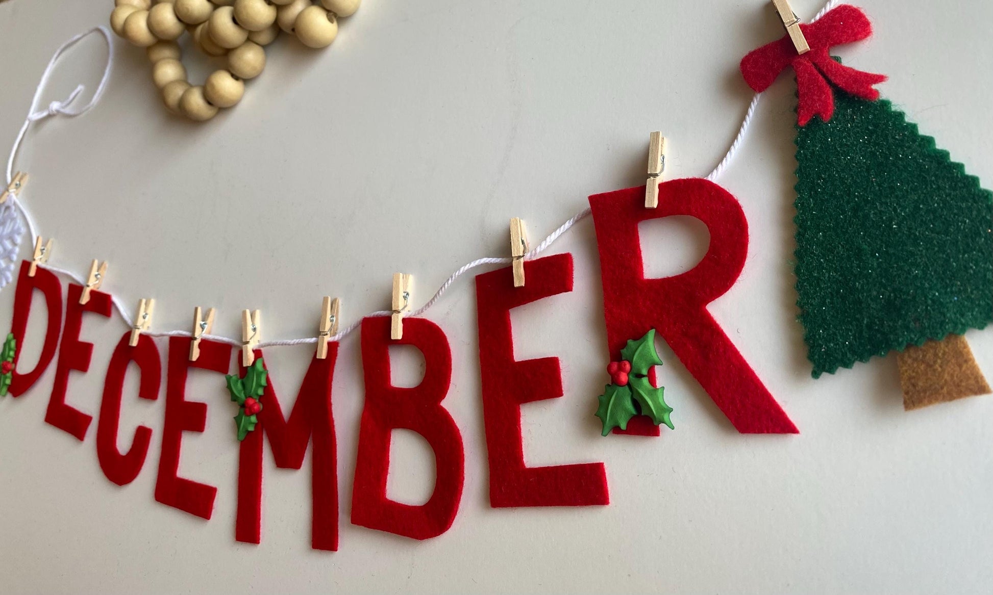 December Monthly Banner, Christmas Tree Garland with Snowflake, Classroom Bulletin Board Bunting with Holly