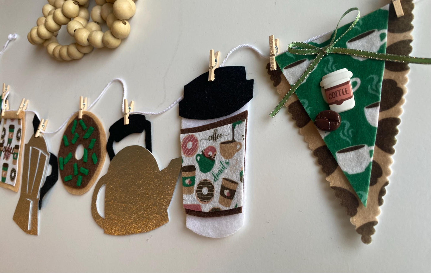 Coffee Lovers Banner, Miniature Felt Garland, Coffee Bean Bunting, Coffee Bar Wall Hanging Decoration